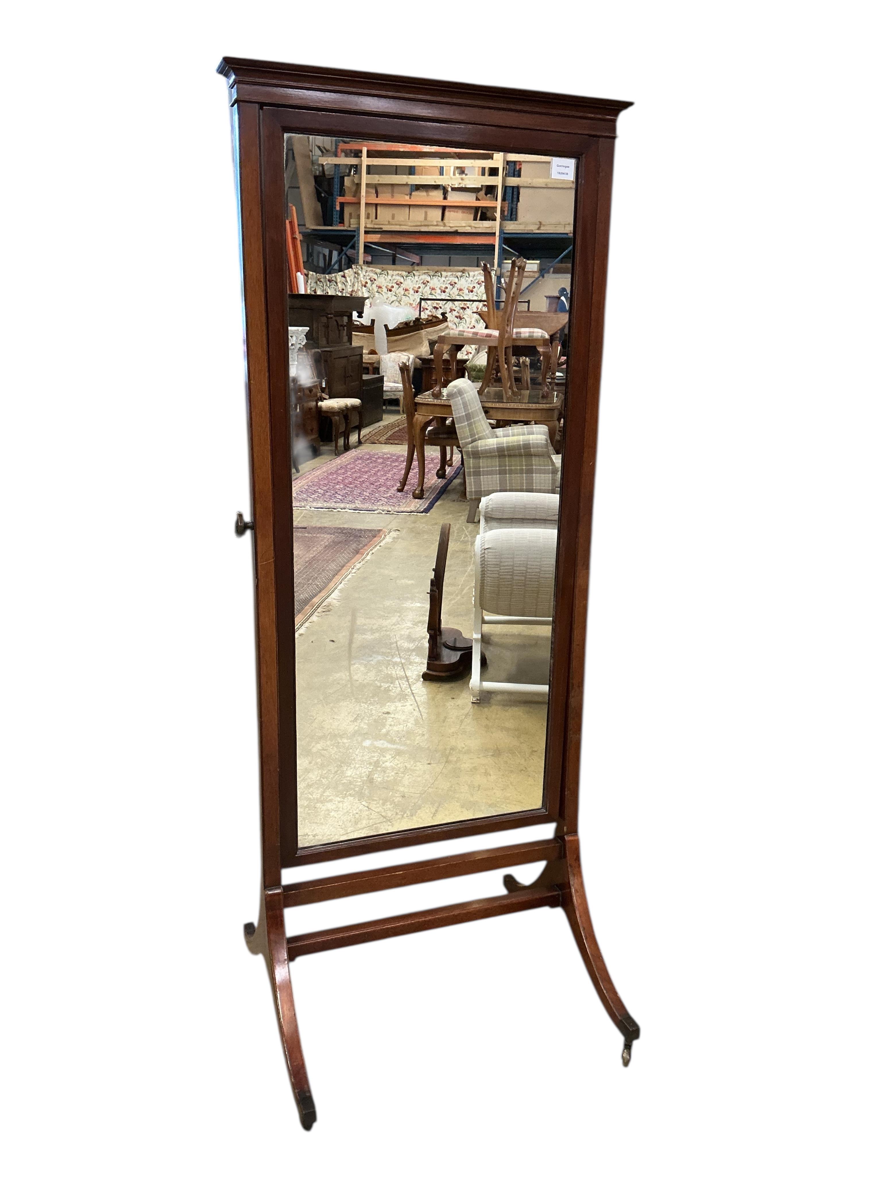 An Edwardian mahogany cheval mirror, width 70cm, height 168cm